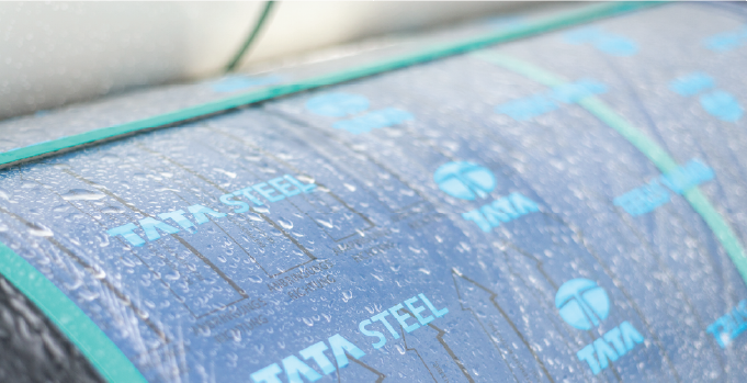 Close-up of a Tata Steel coil used for panel facings.